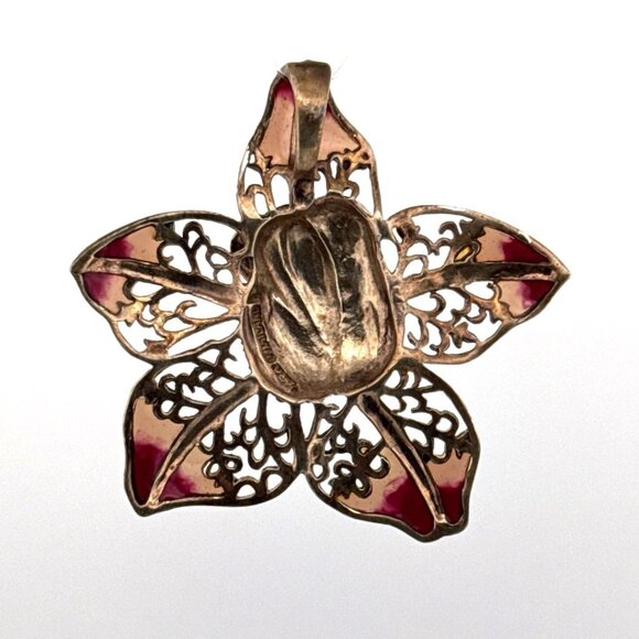 Estate Sterling Silver 925 Orchid Flower Pendant Marcasite Inlay Purple Enamel - Picture 3 of 8